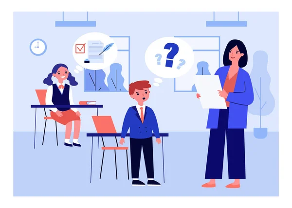 Cartoon teacher conducting class for excellent and bad pupils. Flat vector illustration. Teacher asking confused boy question and girl thinking about right answer. Education, school, grade concept