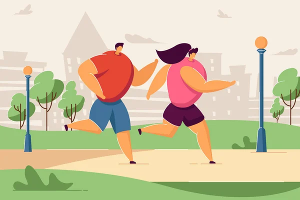 夏の都市公園で一緒にジョギングをする幸せな漫画のカップル フラットベクトルイラスト 運動をしたり スポーツをしたり フィットネスを楽しんだり 健康的なライフスタイルを楽しんでいるアスリート スポーツ 趣味の概念 — ストックベクタ