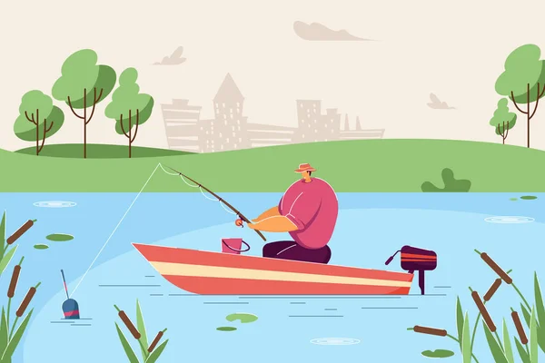 Osamělý Muž Rybaří Lodi Plochá Vektorová Ilustrace Rybář Sedí Člunu — Stockový vektor