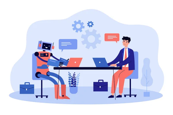 Robot Business Man Working Computers Together Vector Illustration Digital Technology — Stock Vector
