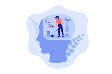 Tiny person cleaning space inside human head, moping floor. Person working on clear mind and mental detox metaphor. Vector illustration for mental health improvement, sanity, self care concept clipart