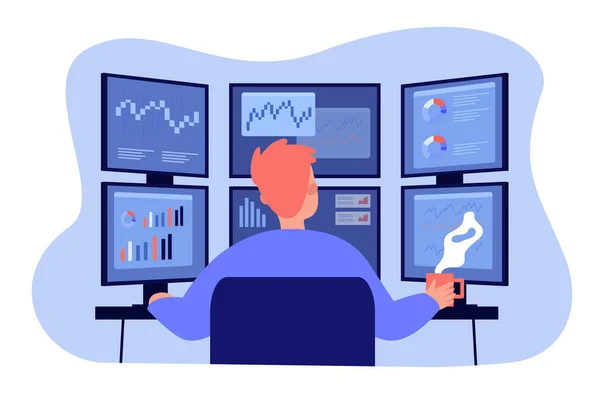 Makléř Pracující Burze Pracovišti Obchodník Analyzuje Finanční Mapy Několika Monitorech — Stockový vektor