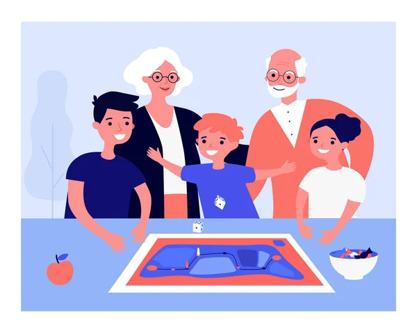 Happy children playing board game with grandparents on table. People watching boy throwing dice flat vector illustration. Family, entertainment concept for banner, website design or landing web page