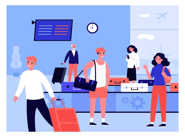 People arriving at airport taking their luggage. Flat vector illustration. Women, men, tourists waiting at luggage belt and getting their suitcases. Airport, luggage, travel, transport concept