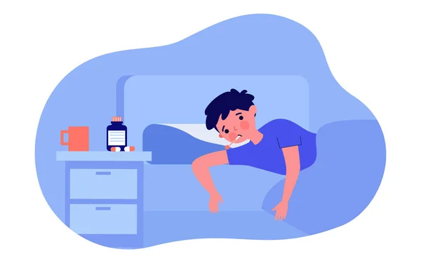 Sick boy lying in bed flat vector illustration. Child with thermometer in his mouth, under blanket, next to bedside table with hot drink and pills. Illness, flu, temperature, covid-19, health concept