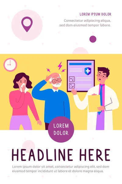 People with disease symptoms visiting doctor. Queue of patient, clinic, practitioner office. Flat vector illustration. Epidemic, virus concept for banner, website design or landing web page