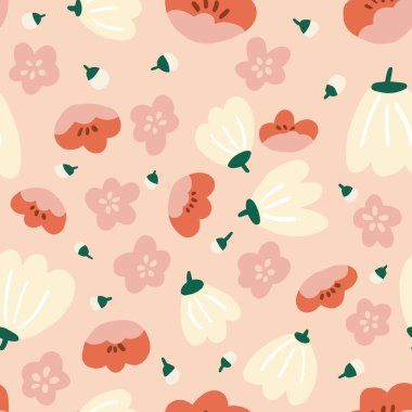 Floral pink white red seamless pattern. Spring background flowers sakura, tulips, blossoms. Vector eps. Vector illustration. Perfect for textile clothing, wrapping, fabric, social media layout