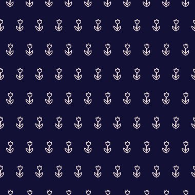 Minimalist cute floral tulip print monoline. white pattern seamless vector. spring summer trend dark navy blue background textile fabric, wallpaper, packaging, clothing products, social media layout