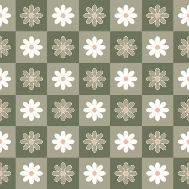 Basit estetik çiçekli kareli desen tasarımı. Vektör çizimi. Hafif Pastel Renkleri Pembe Soyut Simetrik Çiçek