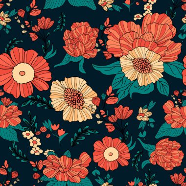 Kırmızı Sarı Çiçek Yaprakları Kusursuz Desen Tasarımı. Vektör çizimi. Koyu mavi arkaplan, yeşil organik çiçek tasarımı. 