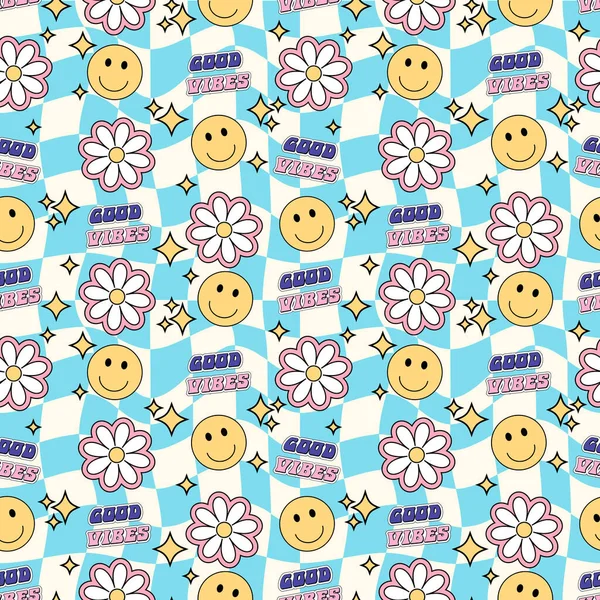 Good Vibes Emoji Sparkles Seamless Smiley Pattern Vector Illustration Repeating — Stock Vector