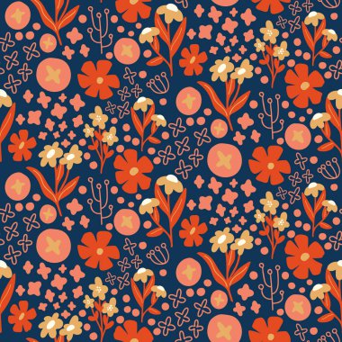 Parlak Turuncu ve Sarı Çiçeksiz Desen. Vektör çizimi, tekrarlayan tasarım, sonbahar, sonbahar, mevsimsel dekoratif tekstil deseni. Koyu mavi arkaplan, arka plan