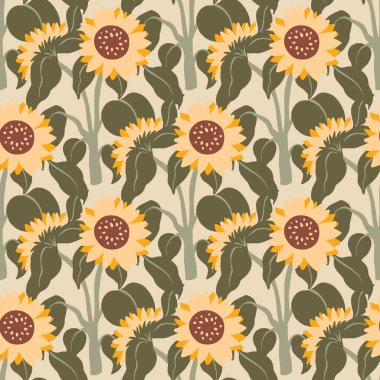 Bahçedeki yumuşak ve açık renkli sarı ayçiçekleri. Canlı sarı çiçekler, ev dekorasyonu, tekstil, kumaş, giysi, moda, sosyal medya düzeni, basılabilir tablolar, duvar kağıdı için tuhaf bir tasarım.