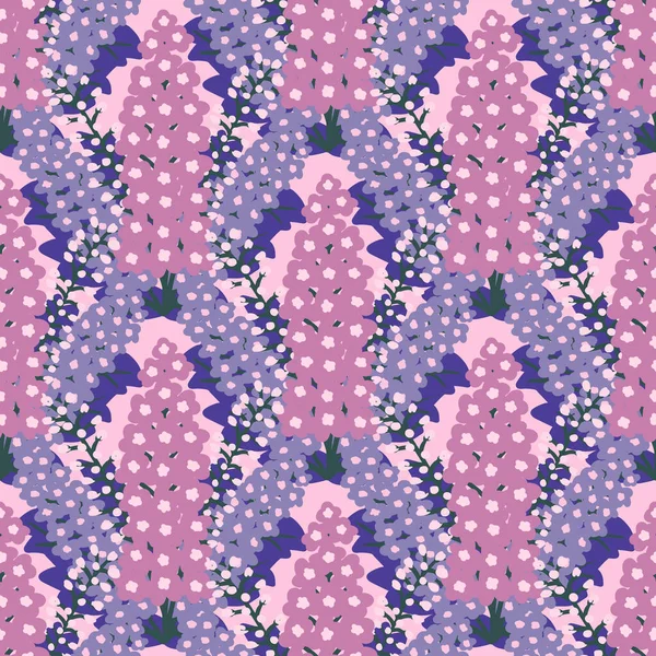 Purple ve Violet Delphinium Flowers on Pink. Tekstil, kumaş, giysi, moda sosyal medya düzeni, web tasarımı, yazdırılabilir tablolar, duvar kağıdı için vektör illüstrasyonu