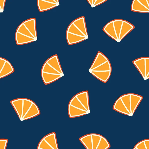 Помаранчеві Шматочки Візерунка Синьому Фоні Свіжий Апельсиновий Фрукт Повторює Візерунок — стоковий вектор