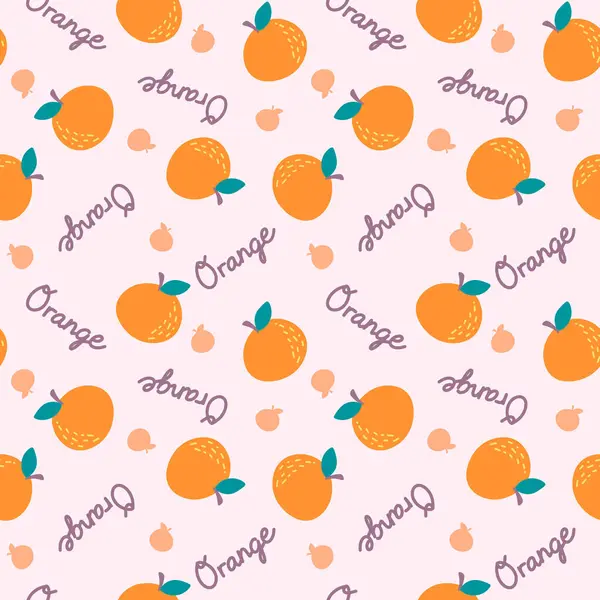Fruta Naranja Patrón Sin Costura Con Palabra Etiqueta Vector Ilustración — Vector de stock