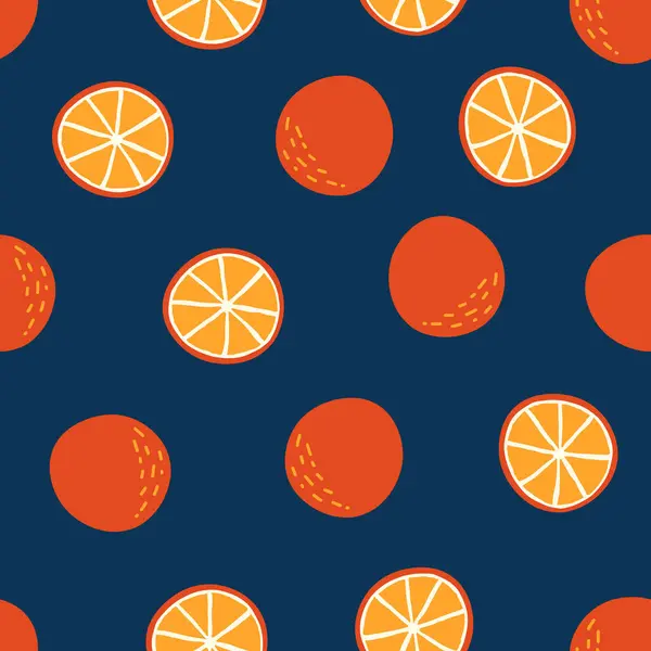 Апельсини Шматочки Синьому Фоні Свіжі Фрукти Повторюють Візерунок Вінтажний Ретро — стоковий вектор