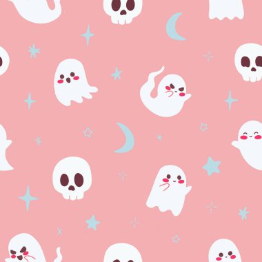 Cute Flying Ghosts Pattern with Moon and Stars. Vector illustration for print, design, clothing, fabric, social media, wallpaper, background. Prints, Pink, trends for autumn fall. Spooky Halloween