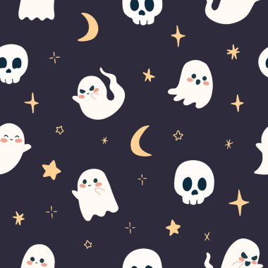 Cute Flying Ghosts Pattern with Moon and Stars. Vector illustration for print, design, clothing, fabric, social media, wallpaper, background. Prints, trends for autumn fall. Spooky Halloween, Dark 