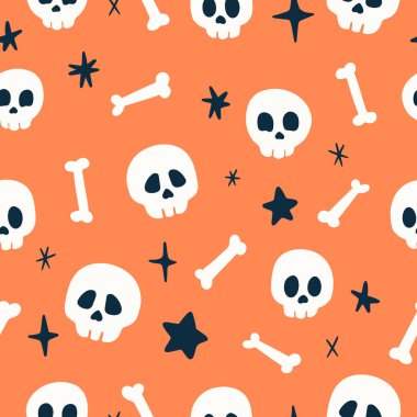 Skulls, bones, and stars Halloween pattern. Vector illustration, Orange and white, autumn, cute print, black stars. Sparkles, spooky design, bright colors, day of the dead