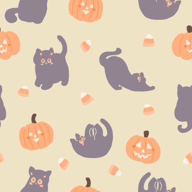 Halloween Cats, Candy, Jack O Lantern Pumpkin Purple Pattern. Vector illustration for autumn, fall. Print, Textile, Cloth, Peach, Kitten, Fabric, Trend. Day of the Dead, All Saints Day. Cute design.