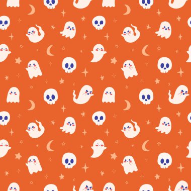 Cute Flying Ghosts Pattern with Moon and Stars. Vector illustration for print, design, clothing, fabric, social media, wallpaper, background. Prints, trends for autumn fall. Spooky Halloween, Orange 