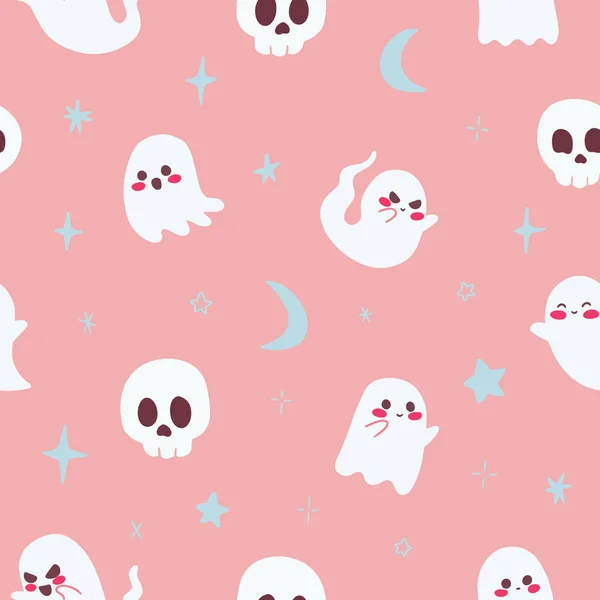 Cute Flying Ghosts Pattern with Moon and Stars. Vector illustration for print, design, clothing, fabric, social media, wallpaper, background. Prints, Pink, trends for autumn fall. Spooky Halloween