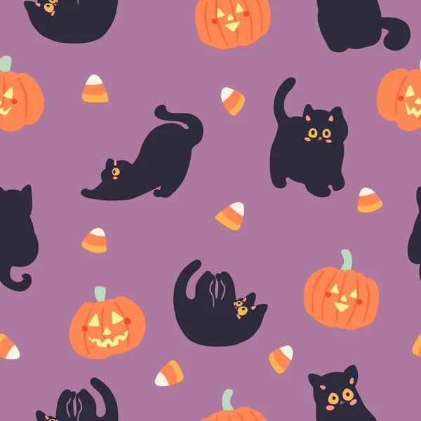 Halloween Cats, Candy, Jack O Lantern Pumpkin Purple Pattern. Vector illustration for autumn, fall. Print, Textile, Cloth, Fabric, Trend. Day of the Dead, All Saints Day. Cute spooky design. Kittens