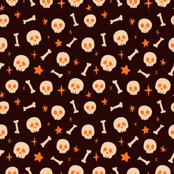 Orange Skulls, bones, and stars Halloween pattern. Vector illustration, 