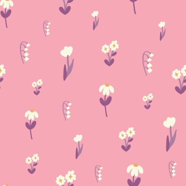 Bahar çiçekleri. Vektörsüz çiçek deseni. Moda baskıları için çiçek tasarımı. Küçük çiçeklerden yapılmış sonsuz bir iz. Zarif şablon. Stok vektörü.