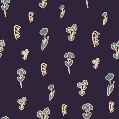 Bahar çiçekleri. Vektörsüz çiçek deseni. Moda baskıları için çiçek tasarımı. Küçük çiçeklerden yapılmış sonsuz bir iz. Zarif şablon. Stok vektörü.