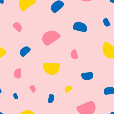 Bu pembe, mavi ve sarı tonlarında düzensiz şekiller içeren neşeli ve soyut bir tasarım.