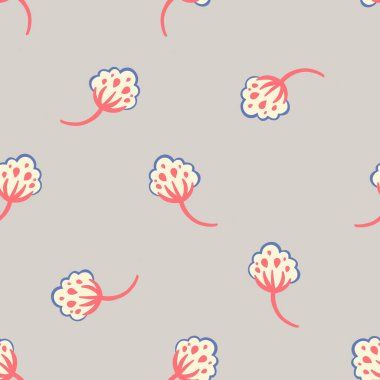 Açık gri arka planda kırmızı saplı ve krem yapraklı soyut çiçek şekillerini tekrarlıyor. Tekstil desenleri, duvar kağıtları ve kırtasiye tasarımlarına modern, tuhaf bir dokunuş eklemek için mükemmel..