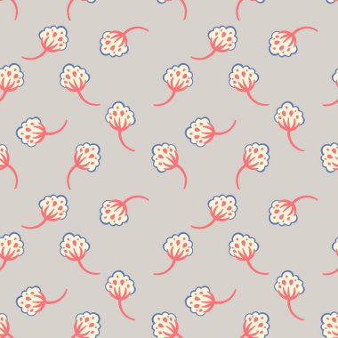 Açık gri arka planda kırmızı saplı ve krem yapraklı soyut çiçek şekillerini tekrarlıyor. Tekstil desenleri, duvar kağıtları ve kırtasiye tasarımlarına modern, tuhaf bir dokunuş eklemek için mükemmel..