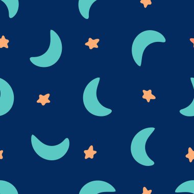 Gece mavisi gökyüzünde ay ve yıldızlarla kusursuz bir desen. Sonsuz özgeçmiş. Modern tasarım. Kumaş, ambalaj kağıtları, duvar kağıtları, kapaklar, yazlık giysiler. Yaratıcı vektör illüstrasyonu