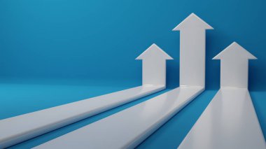 3D görüntüleme. Mavi arka planda 3 beyaz ok. business Arrow başarı için hedef yön kavramı. Mali büyüme vizyonu yükseliyor. Yatırım yatırımından kazanç. Çizelgeyi yükselt. Boşluğu kopyala.