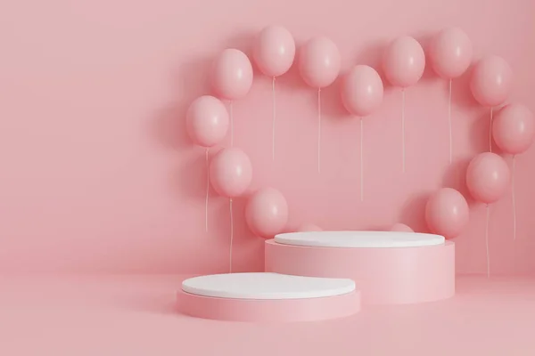 Valentine Day Pink Background Product Display Heart Shape Balloons Rendering —  Fotos de Stock