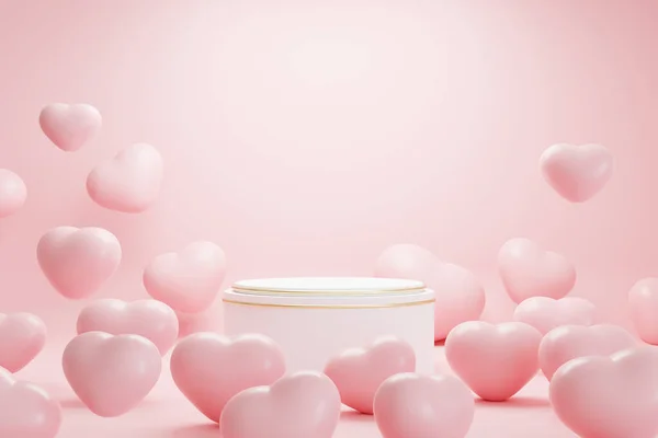 Valentine\'s day pink background with product display and heart shaped balloons. 3d rendering.