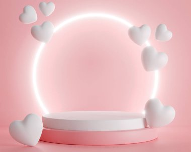 3d rendering. White heart and podium stand to show product display on pink color background and ring light. Abstract minimal geometric shapes backdrop for valentine day design