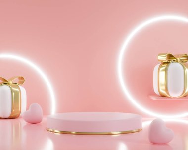 3d rendering. Pink heart gift box and podium stand to show product display on pink color background and ring light. Abstract minimal geometric shapes backdrop for valentine day desig