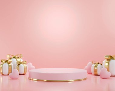 3d rendering. Pink heart gift box and podium stand to show product display on pink color background. Abstract minimal geometric shapes backdrop for valentine day desig