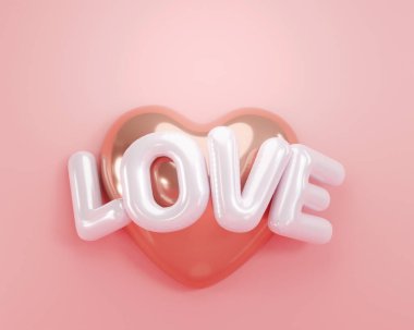 3d rendering. Letter L O V E rose gold heart  on pink color background. for valentine day design