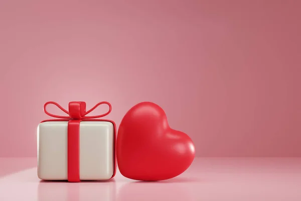 Візуалізація Червона Серцева Куля Подарункова Коробка Фоні Рожевого Кольору Дизайн — стокове фото