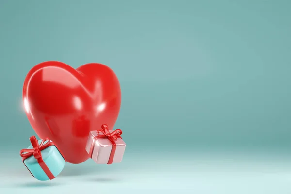 Візуалізація Червона Серцева Куля Подарункова Коробка Синьому Фоні Дизайн Дизайну — стокове фото
