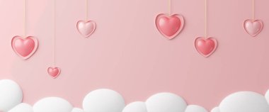 3d rendering.Valentines Day banner with heart shaped balloons hanging on cloud. Holiday illustration banner. for valentine and mother day design