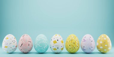 Paskalya renkli yumurtalar mavi arka planda bir sırada duruyor. Asgari paskalya konsepti. Mesaj için fotokopi alanı olan mutlu Paskalyalar. 3d oluşturma.