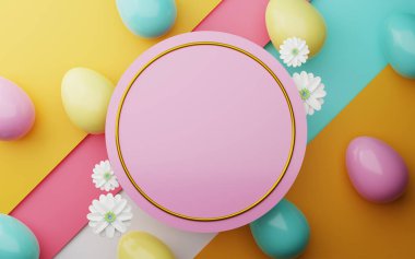 Renkli arka planda Paskalya renkli yumurtalar. Asgari paskalya konsepti. Mesaj için fotokopi alanı olan mutlu Paskalyalar. 3d oluşturma.