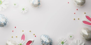 Beyaz arka planda Paskalya renklerinde yumurtalar. Lüks paskalya konsepti. Mesaj için fotokopi alanı olan mutlu Paskalyalar. 3d oluşturma.