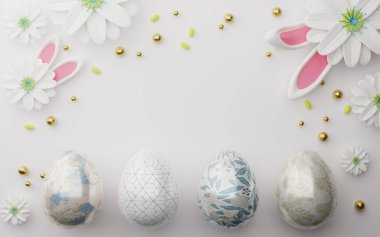 Beyaz arka planda Paskalya renklerinde yumurtalar. Lüks paskalya konsepti. Mesaj için fotokopi alanı olan mutlu Paskalyalar. 3d oluşturma.