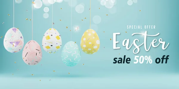 Easter Sale Banner Design Easter Sale Text Promotion Realistic Eggs — Stock Photo, Image